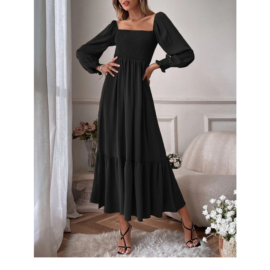 Smocked Long Sleeve Midi Dress Apparel and Accessories