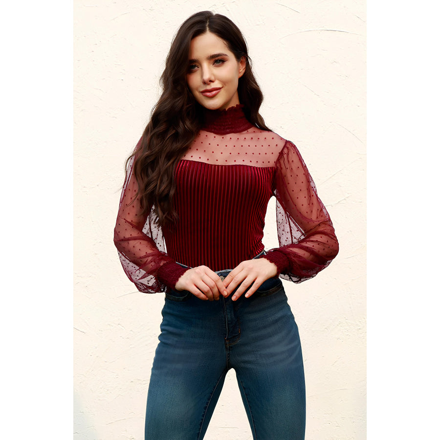 Smocked Mock Neck Long Sleeve Bodysuit Burgundy / S Apparel and Accessories