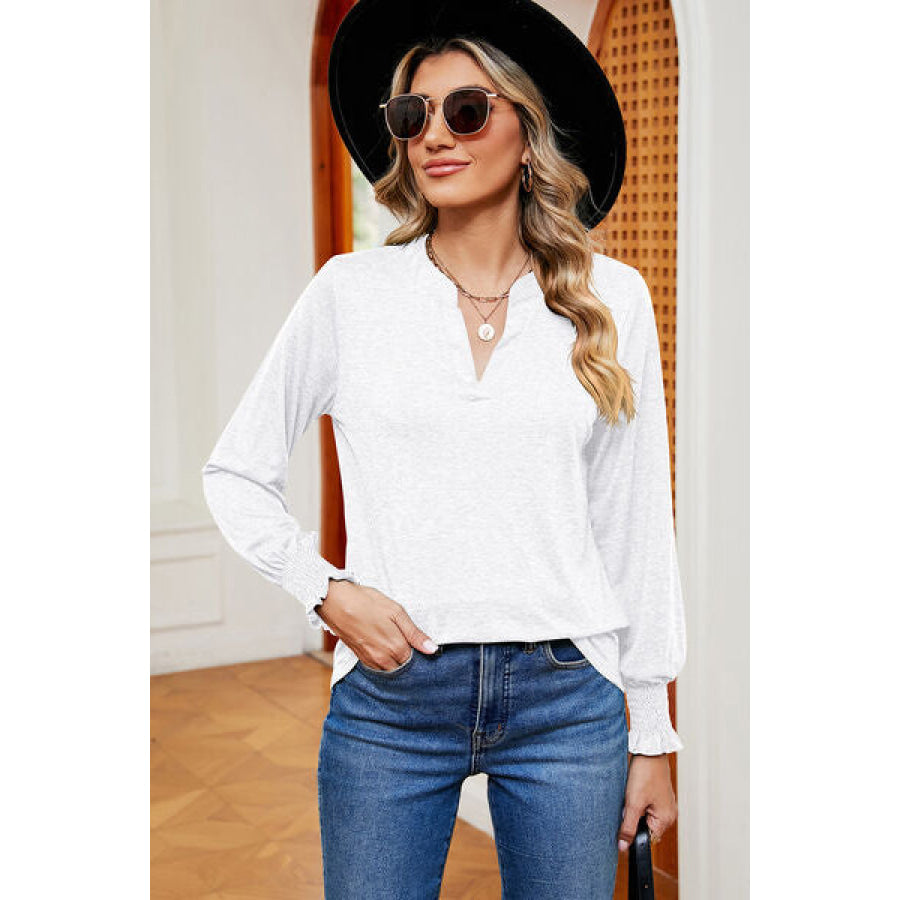 Smocked Notched Long Sleeve T - Shirt Apparel and Accessories