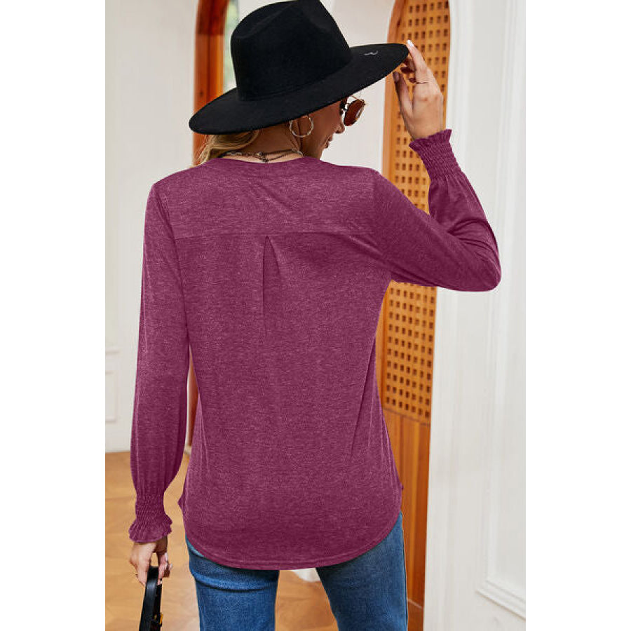 Smocked Notched Long Sleeve T - Shirt Apparel and Accessories