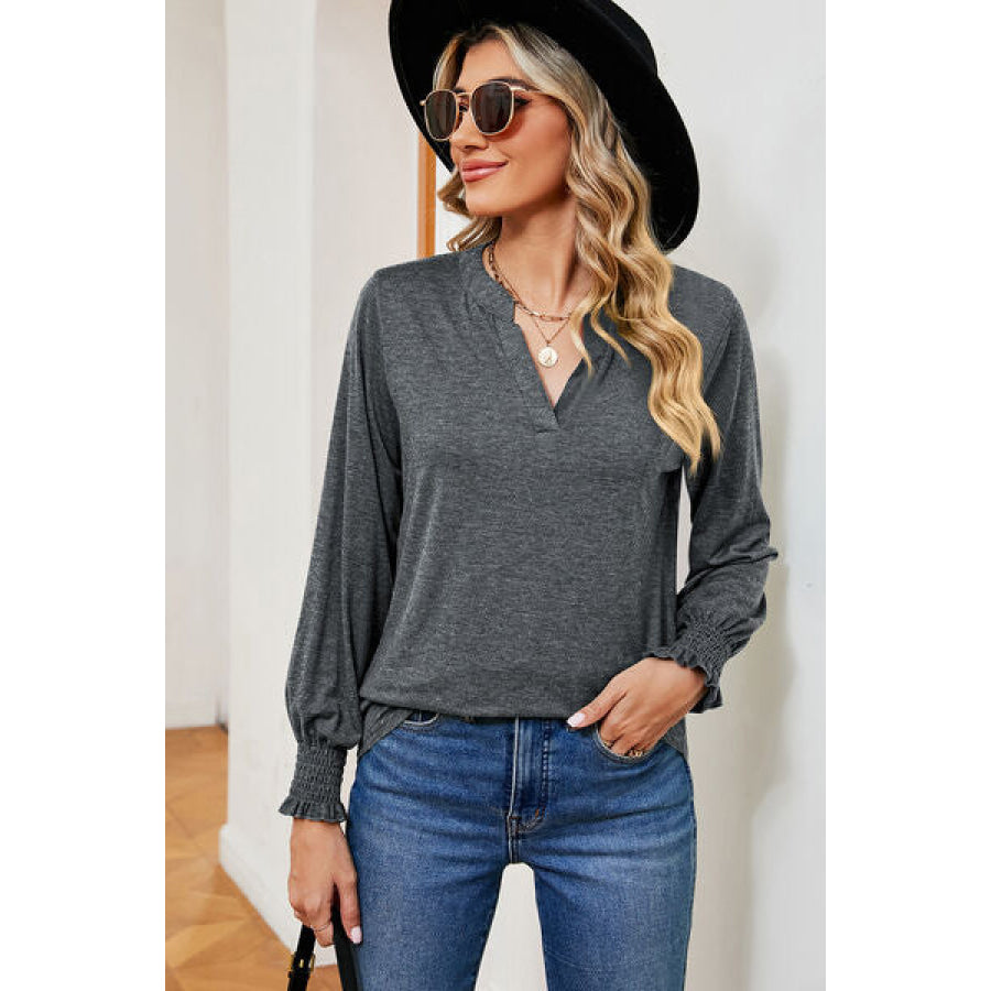 Smocked Notched Long Sleeve T - Shirt Apparel and Accessories