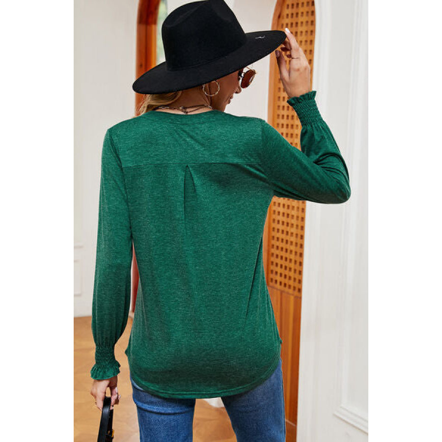 Smocked Notched Long Sleeve T - Shirt Apparel and Accessories