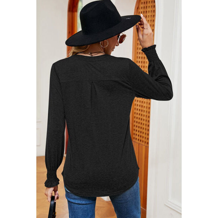 Smocked Notched Long Sleeve T - Shirt Apparel and Accessories