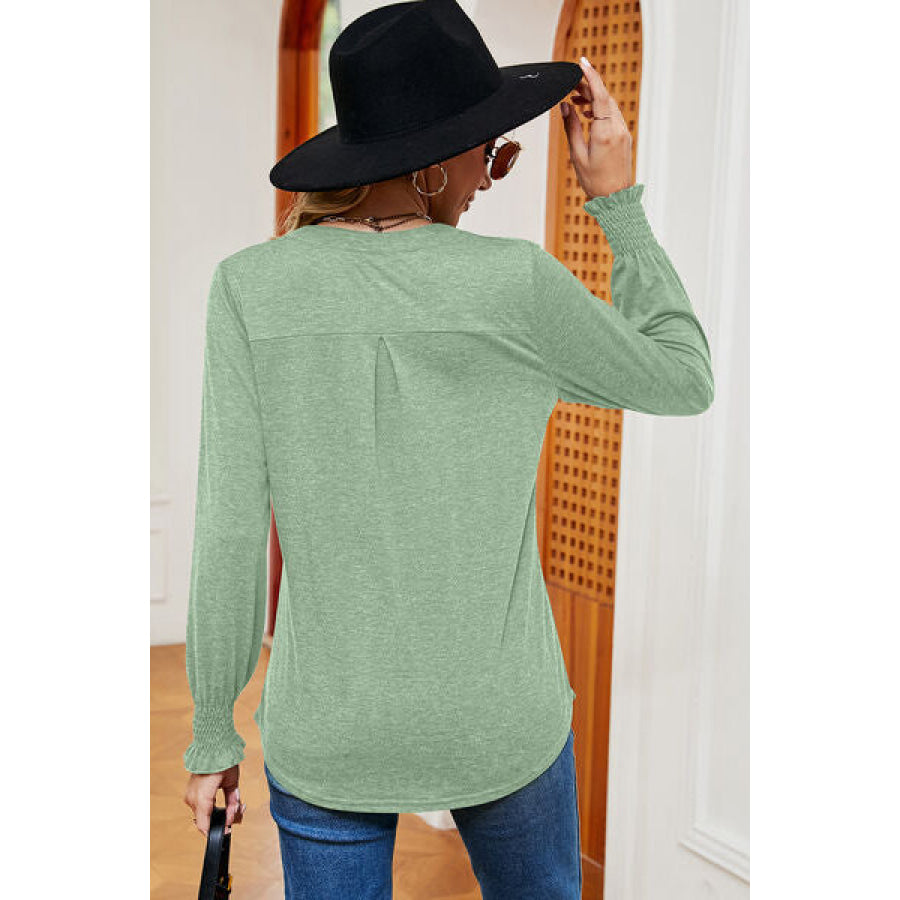 Smocked Notched Long Sleeve T - Shirt Apparel and Accessories