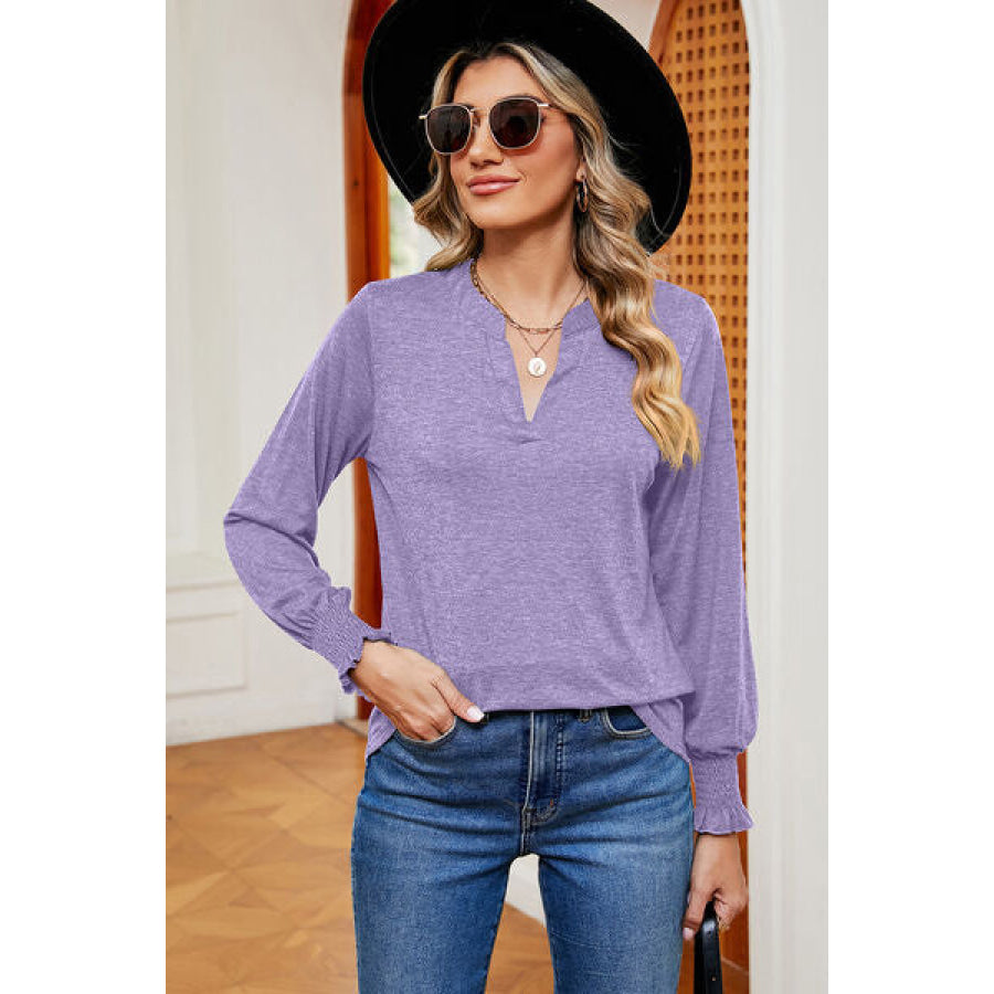 Smocked Notched Long Sleeve T - Shirt Apparel and Accessories