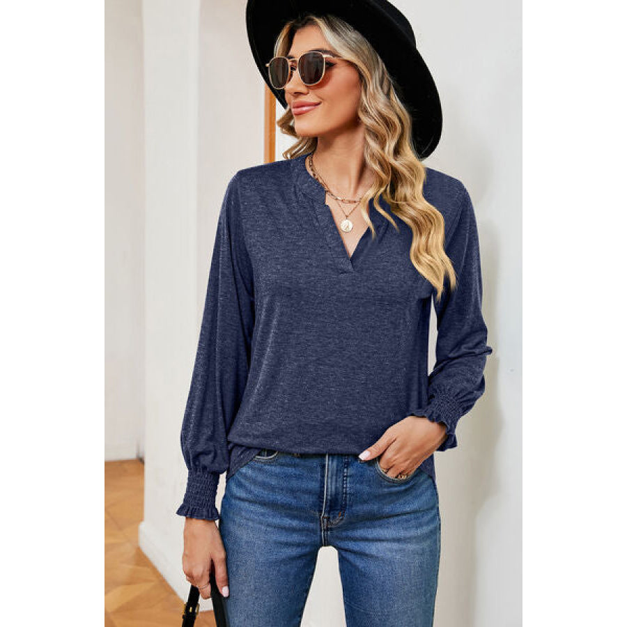 Smocked Notched Long Sleeve T - Shirt Apparel and Accessories