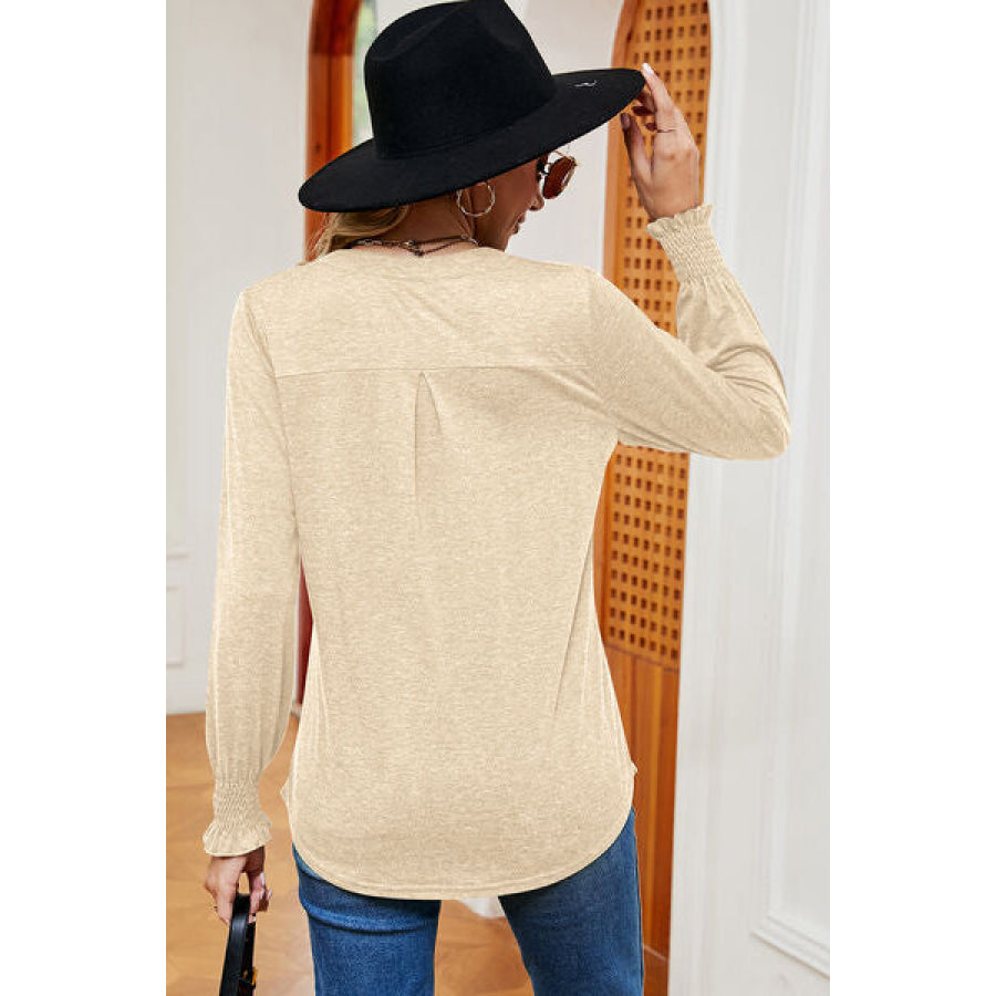 Smocked Notched Long Sleeve T - Shirt Apparel and Accessories