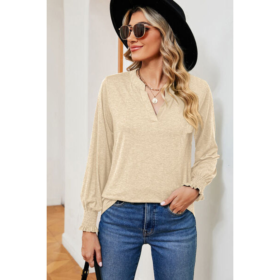 Smocked Notched Long Sleeve T - Shirt Apparel and Accessories