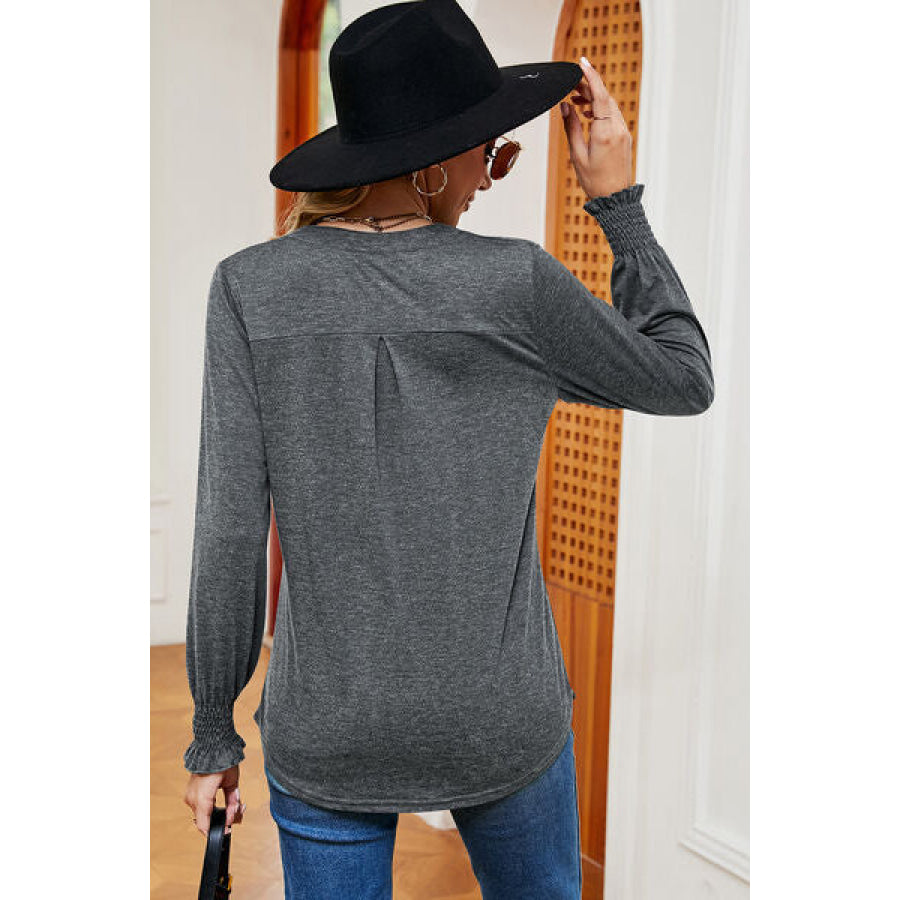 Smocked Notched Long Sleeve T - Shirt Apparel and Accessories