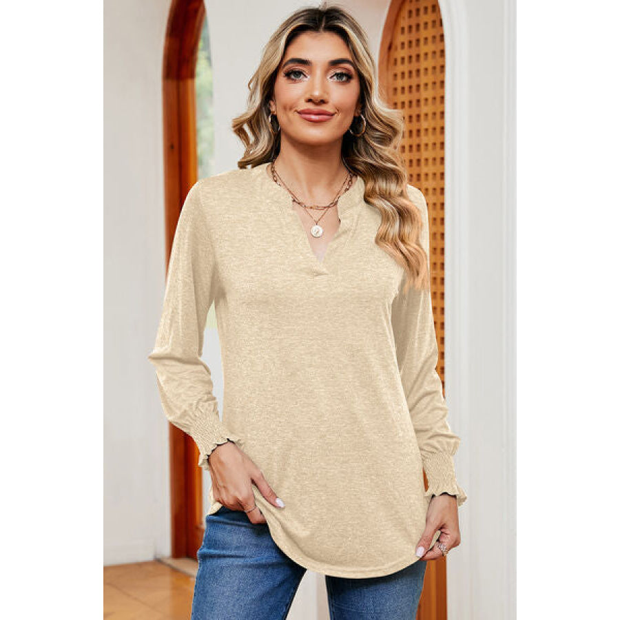 Smocked Notched Long Sleeve T - Shirt Apparel and Accessories