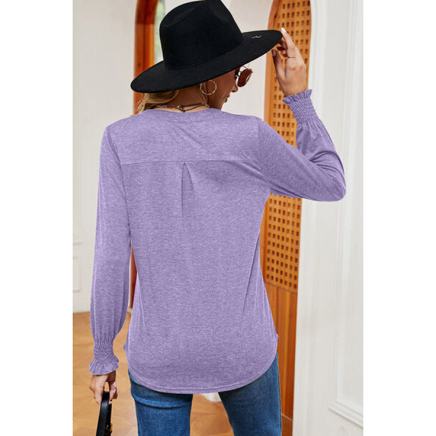 Smocked Notched Long Sleeve T - Shirt Apparel and Accessories