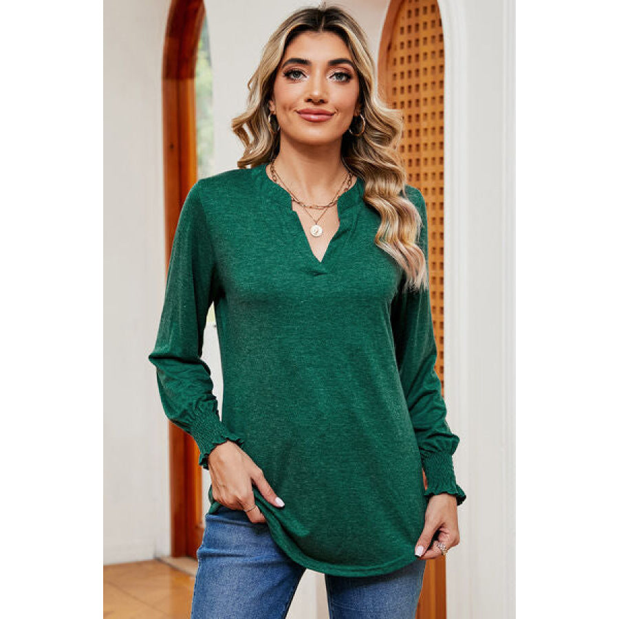 Smocked Notched Long Sleeve T - Shirt Apparel and Accessories