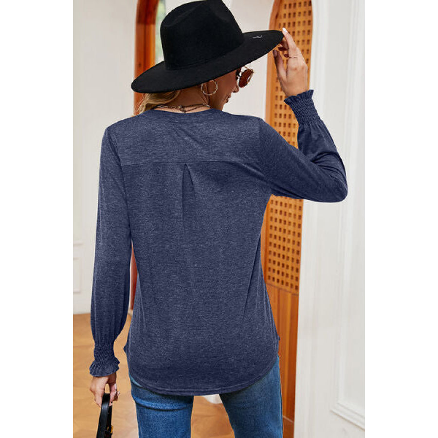 Smocked Notched Long Sleeve T - Shirt Apparel and Accessories