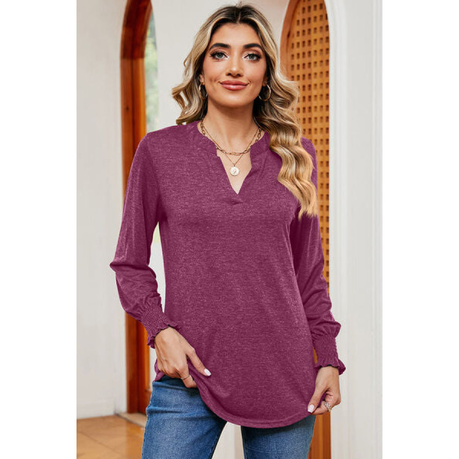 Smocked Notched Long Sleeve T - Shirt Apparel and Accessories