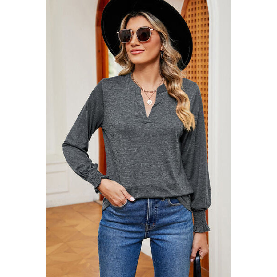 Smocked Notched Long Sleeve T - Shirt Apparel and Accessories