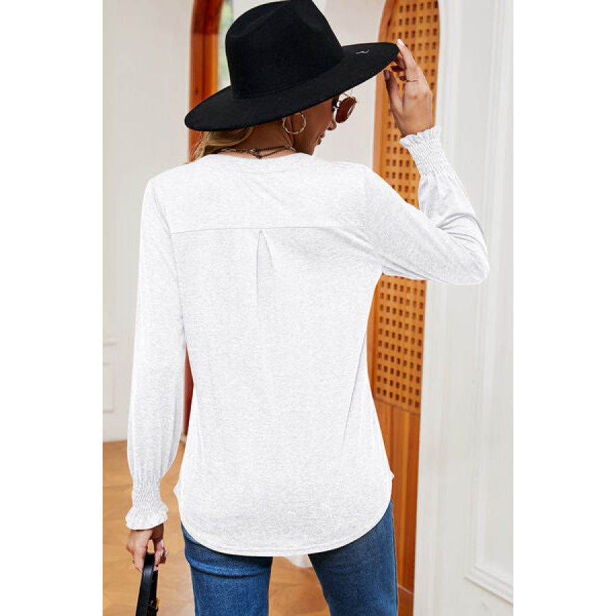 Smocked Notched Long Sleeve T - Shirt Apparel and Accessories