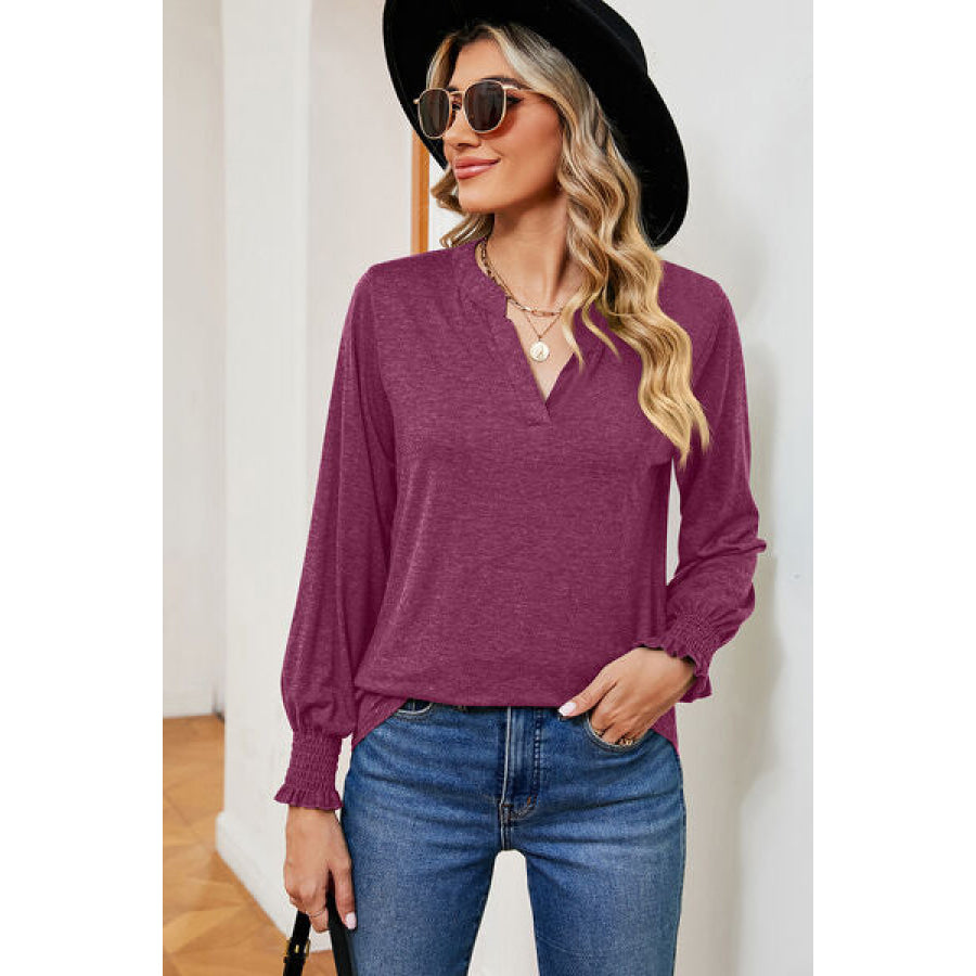 Smocked Notched Long Sleeve T - Shirt Apparel and Accessories