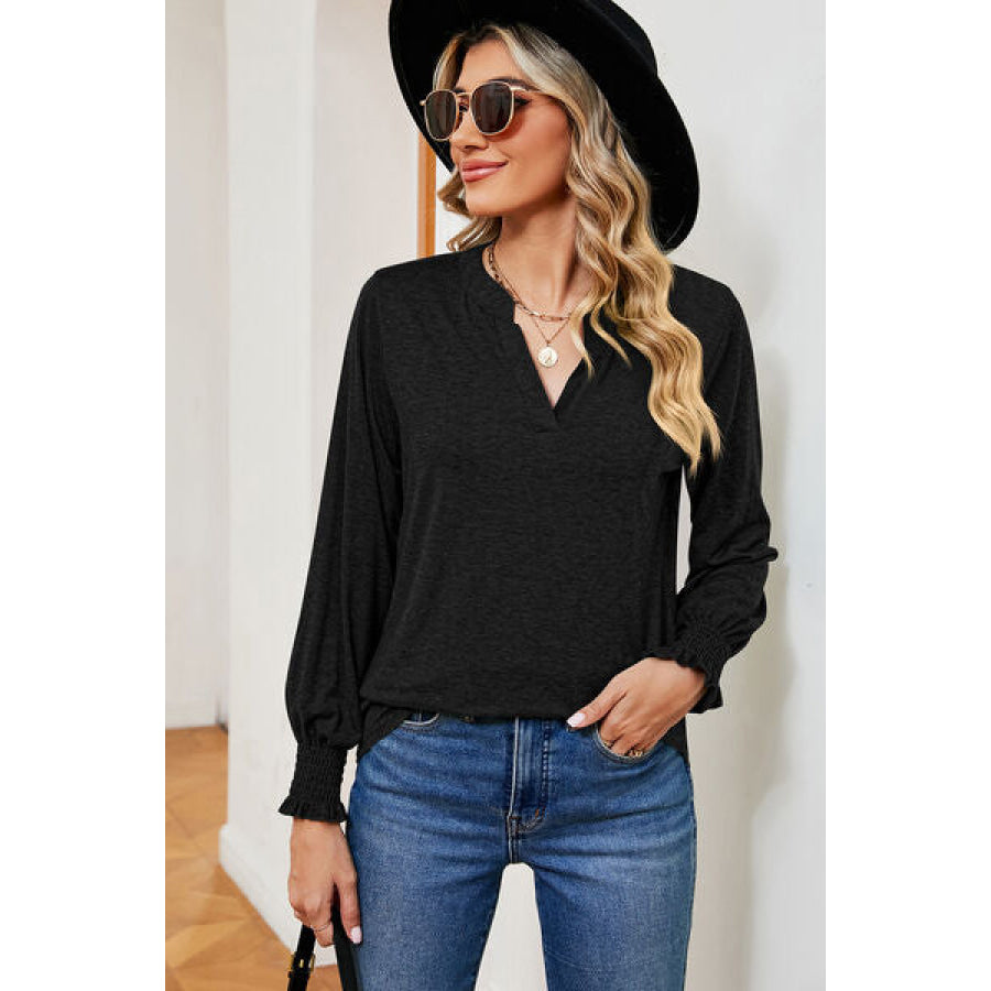 Smocked Notched Long Sleeve T - Shirt Apparel and Accessories