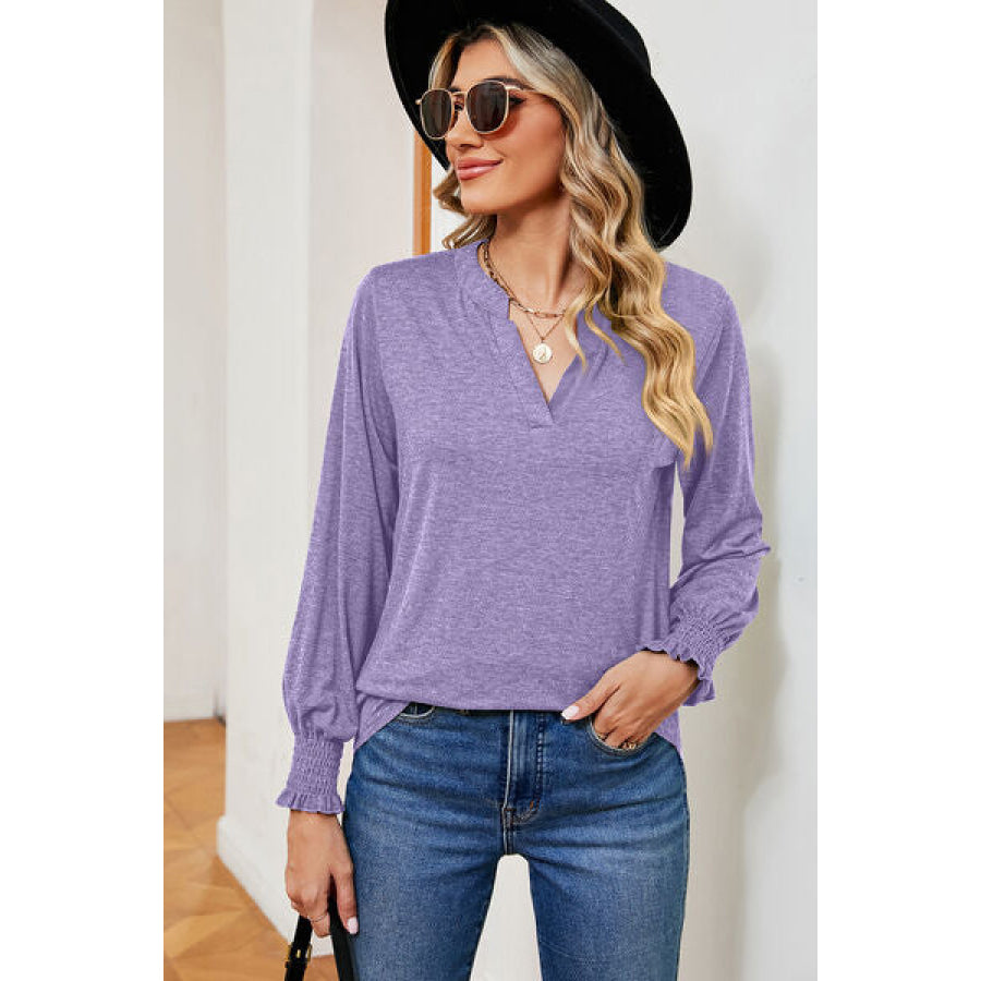 Smocked Notched Long Sleeve T - Shirt Apparel and Accessories