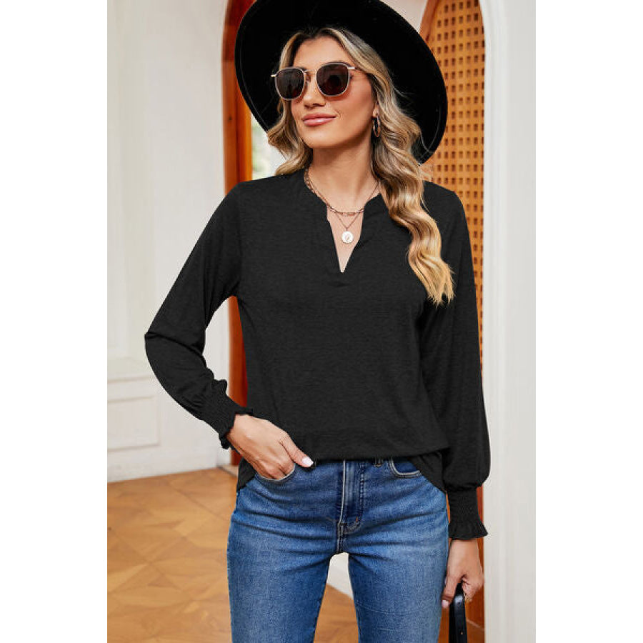 Smocked Notched Long Sleeve T - Shirt Apparel and Accessories