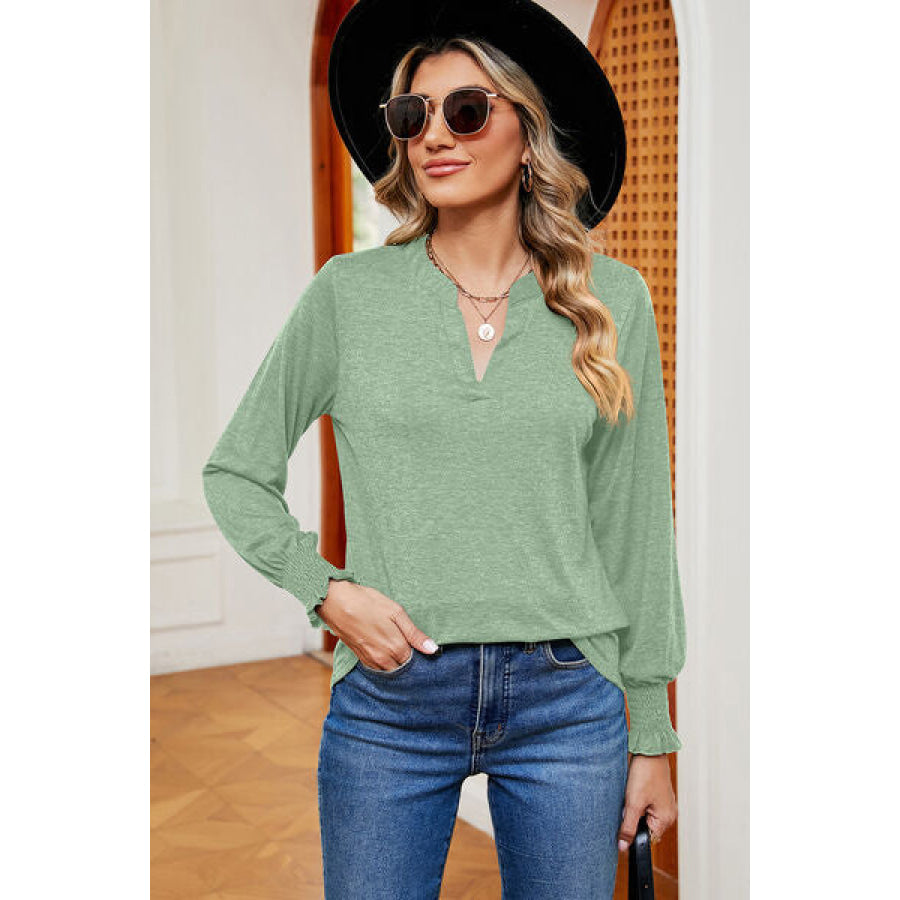 Smocked Notched Long Sleeve T - Shirt Apparel and Accessories