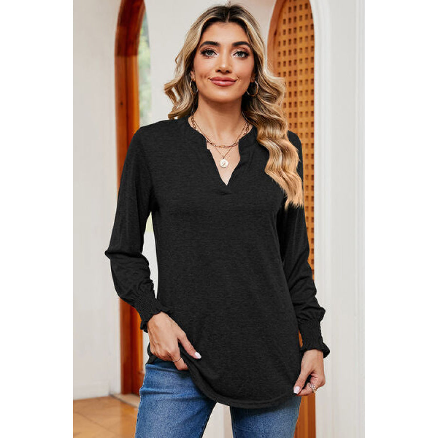 Smocked Notched Long Sleeve T - Shirt Black / S Apparel and Accessories