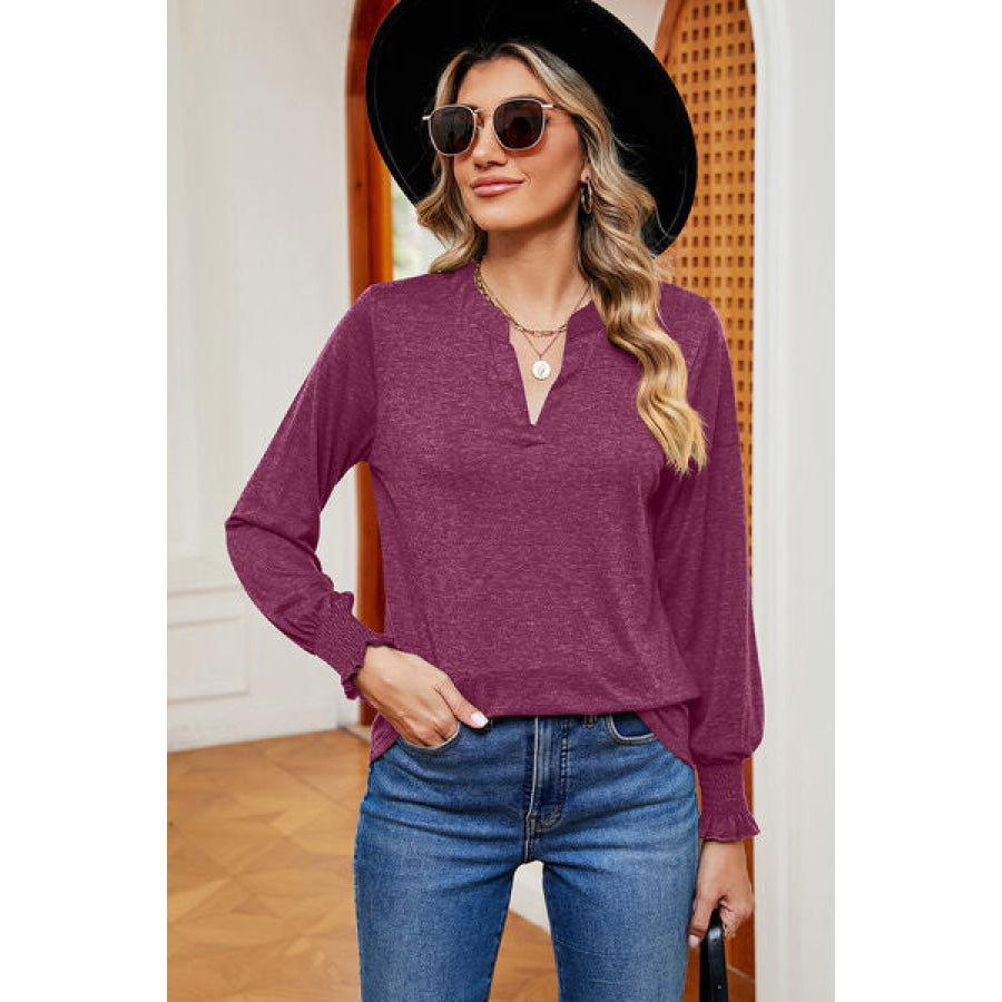 Smocked Notched Long Sleeve T - Shirt Cerise / S Apparel and Accessories