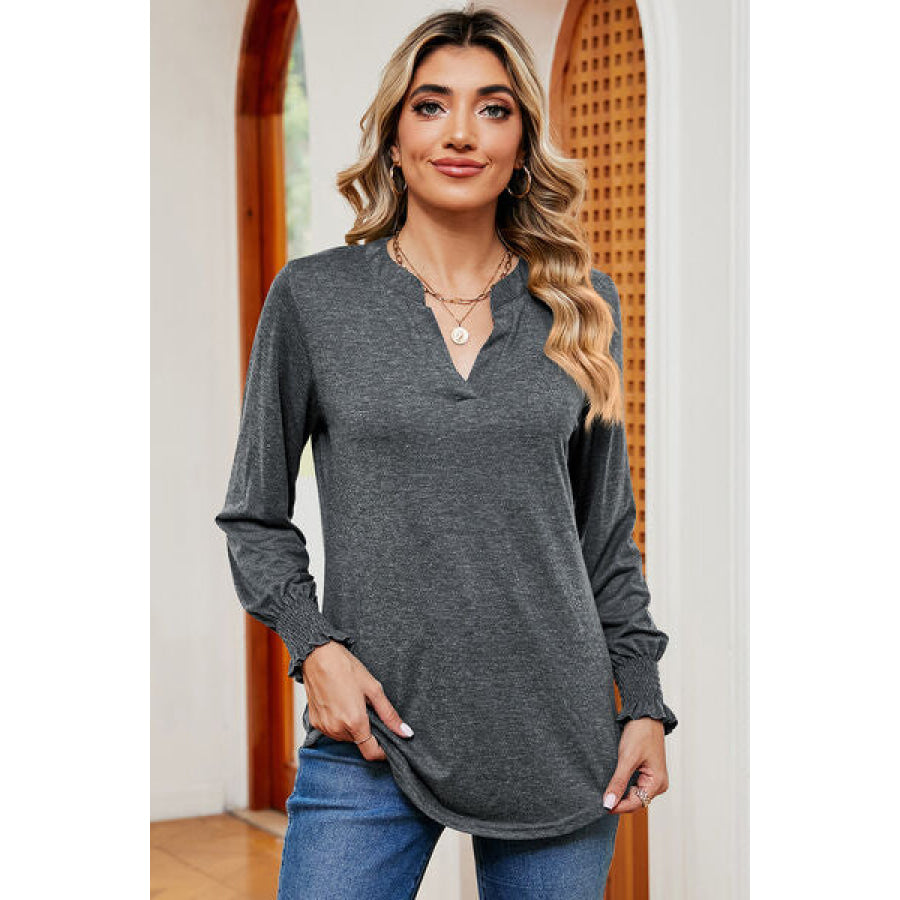 Smocked Notched Long Sleeve T - Shirt Charcoal / S Apparel and Accessories