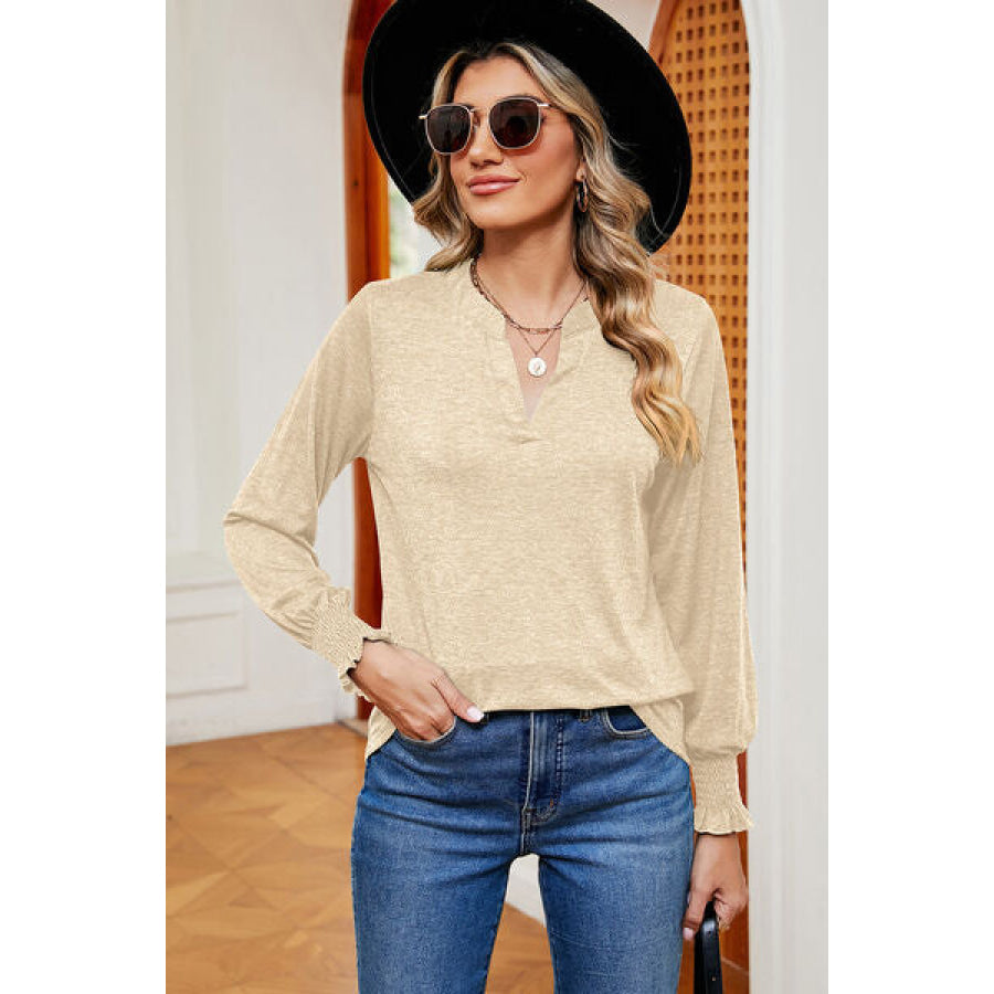 Smocked Notched Long Sleeve T - Shirt Cream / S Apparel and Accessories