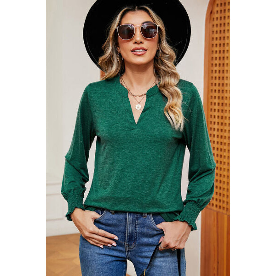 Smocked Notched Long Sleeve T - Shirt Green / S Apparel and Accessories