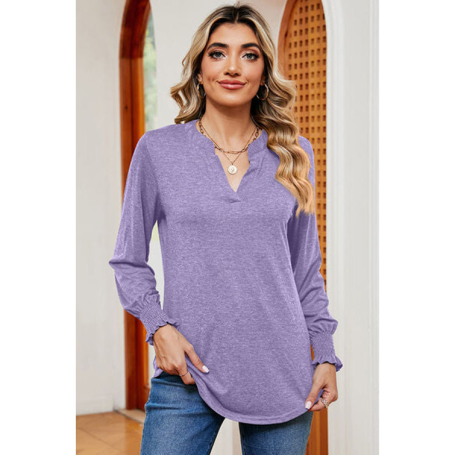 Smocked Notched Long Sleeve T - Shirt Lavender / S Apparel and Accessories