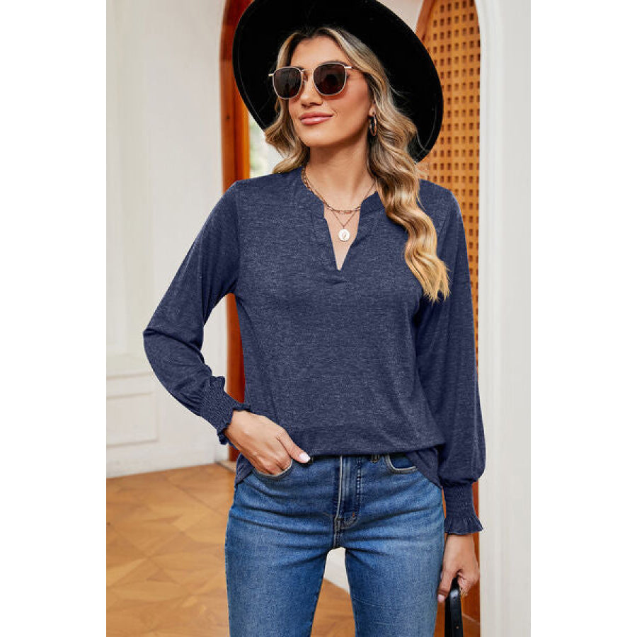 Smocked Notched Long Sleeve T - Shirt Navy / S Apparel and Accessories