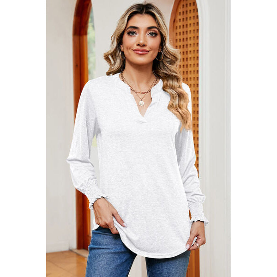 Smocked Notched Long Sleeve T - Shirt White / S Apparel and Accessories