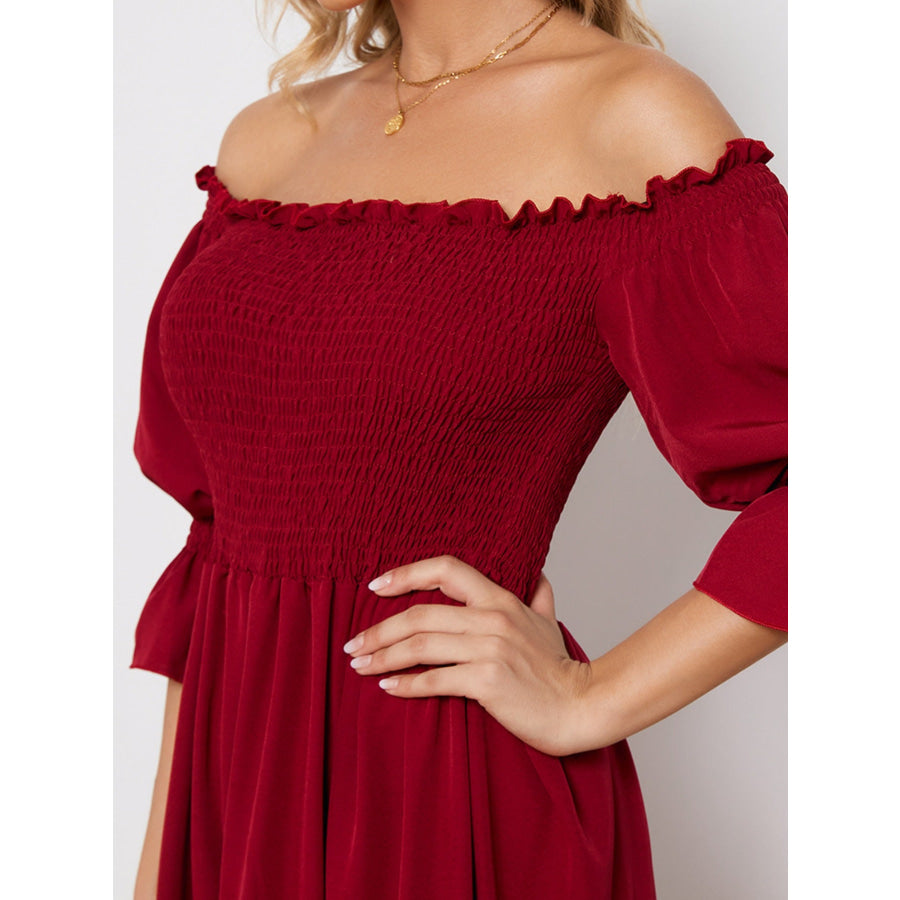 Smocked Off-Shoulder Ruffle Hem Midi Dress Apparel and Accessories