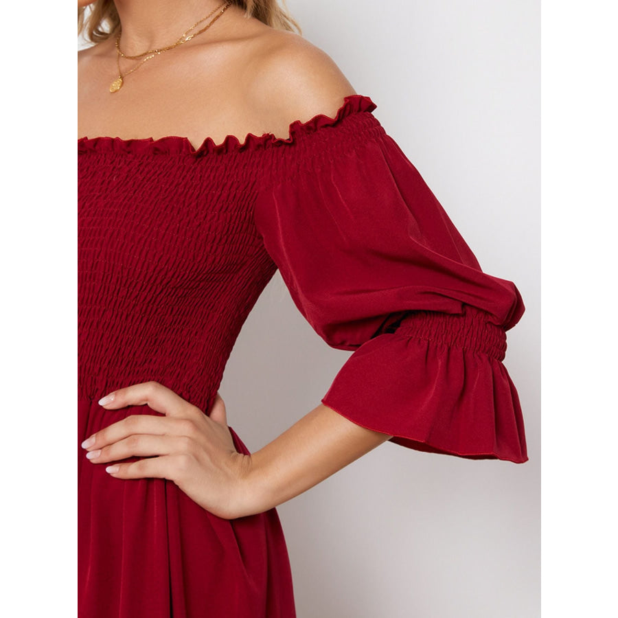 Smocked Off-Shoulder Ruffle Hem Midi Dress Apparel and Accessories