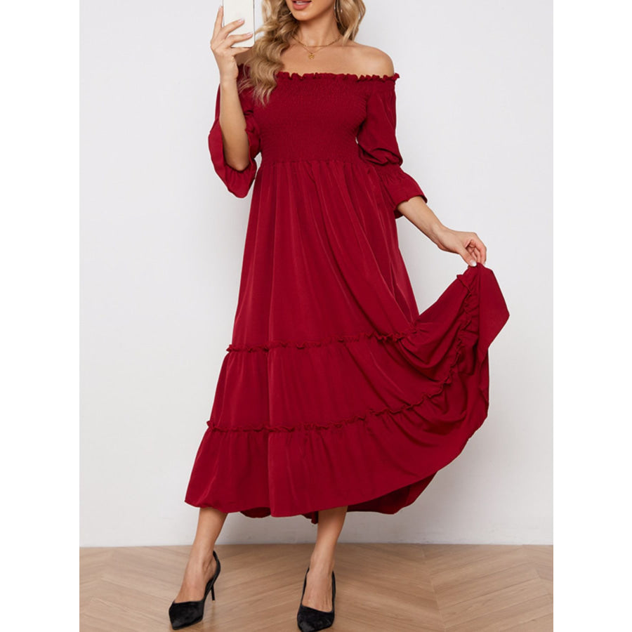 Smocked Off-Shoulder Ruffle Hem Midi Dress Burgundy / S Apparel and Accessories