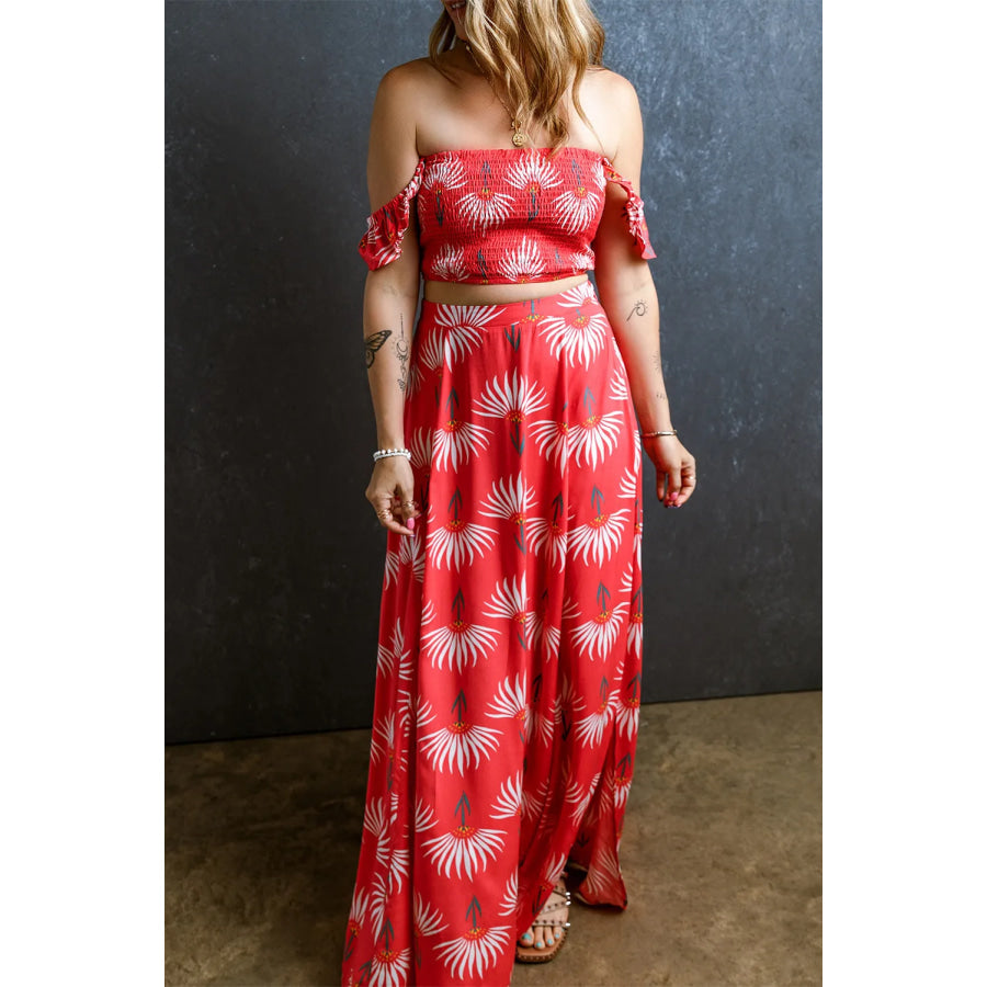 Smocked Off-Shoulder Top and Slit Skirt Set Strawberry / S Apparel and Accessories