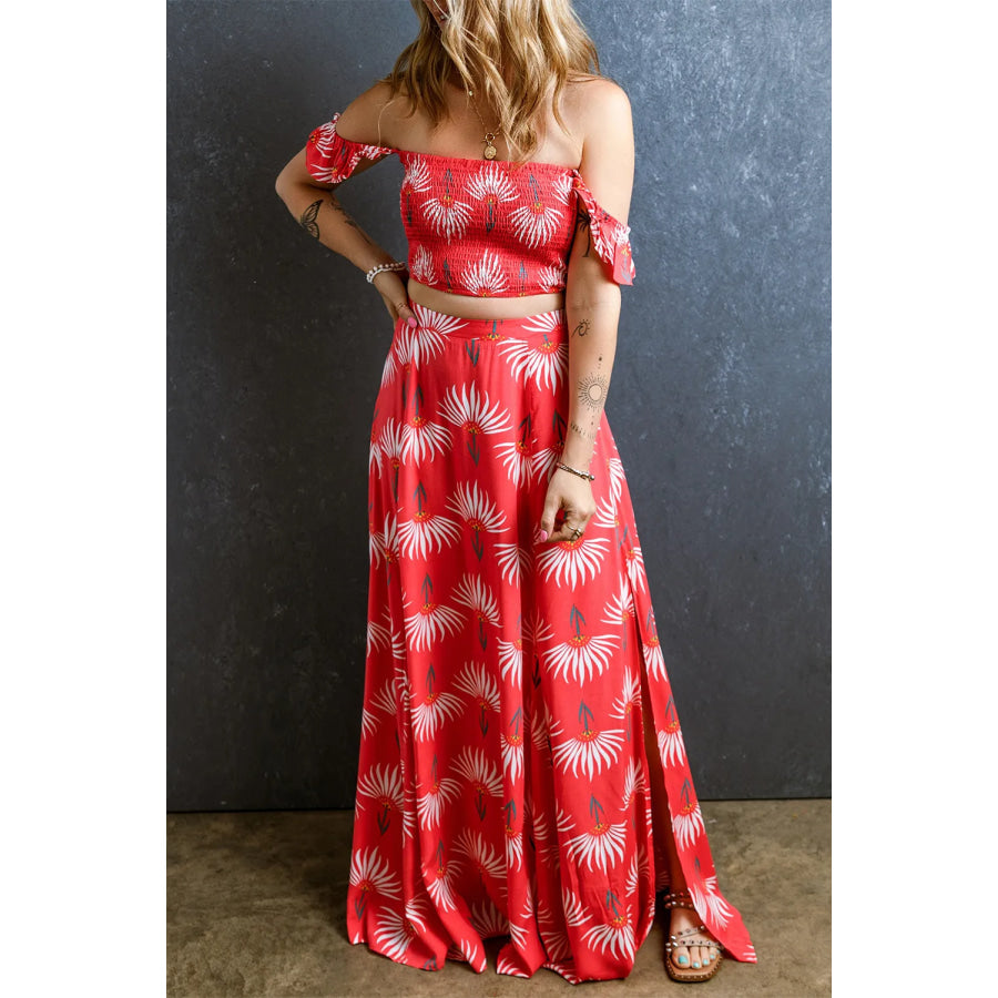 Smocked Off-Shoulder Top and Slit Skirt Set Strawberry / S Apparel and Accessories