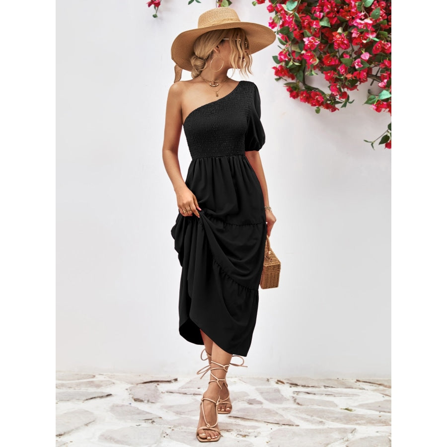 Smocked One-Shoulder Midi Dress Black / S