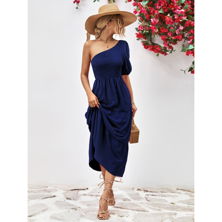 Smocked One-Shoulder Midi Dress Dark Navy / S