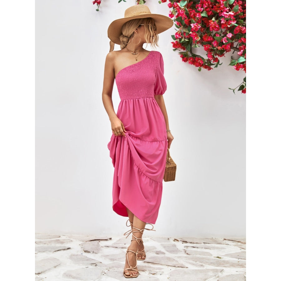 Smocked One-Shoulder Midi Dress Hot Pink / S