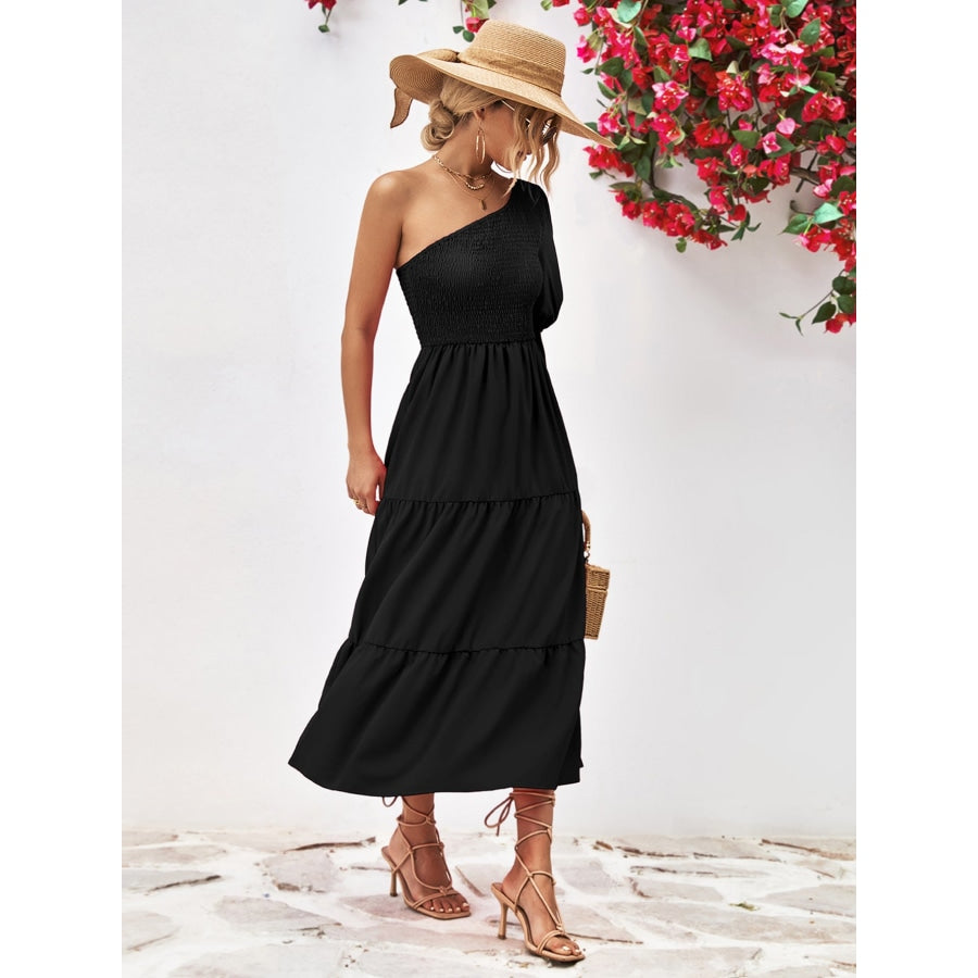 Smocked One-Shoulder Midi Dress