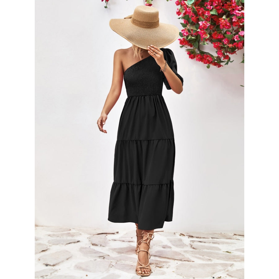 Smocked One-Shoulder Midi Dress