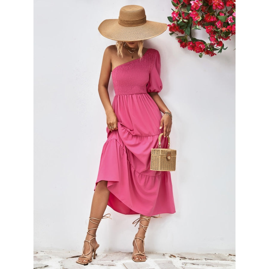 Smocked One-Shoulder Midi Dress