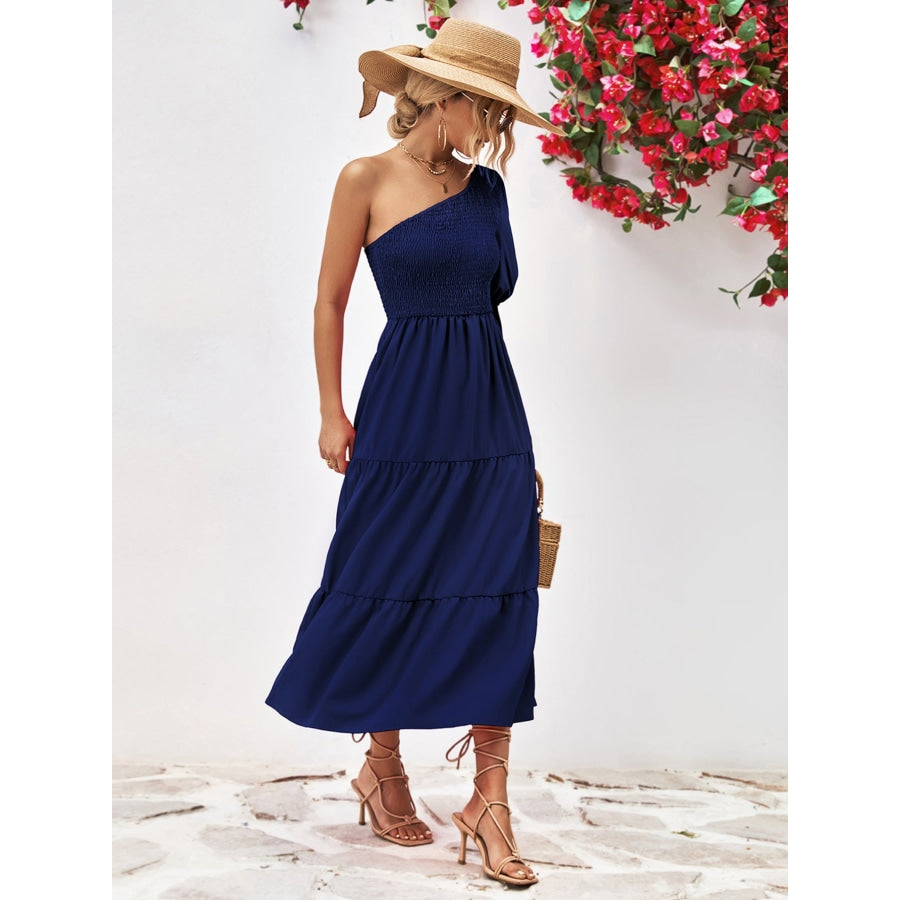 Smocked One-Shoulder Midi Dress