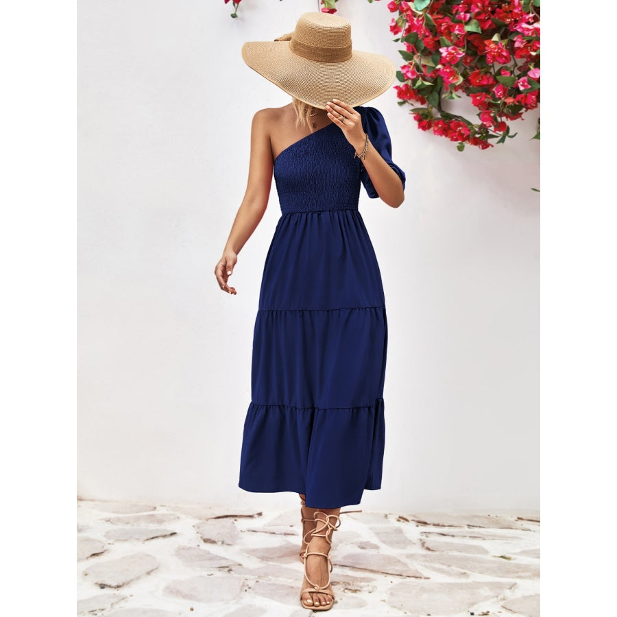 Smocked One-Shoulder Midi Dress