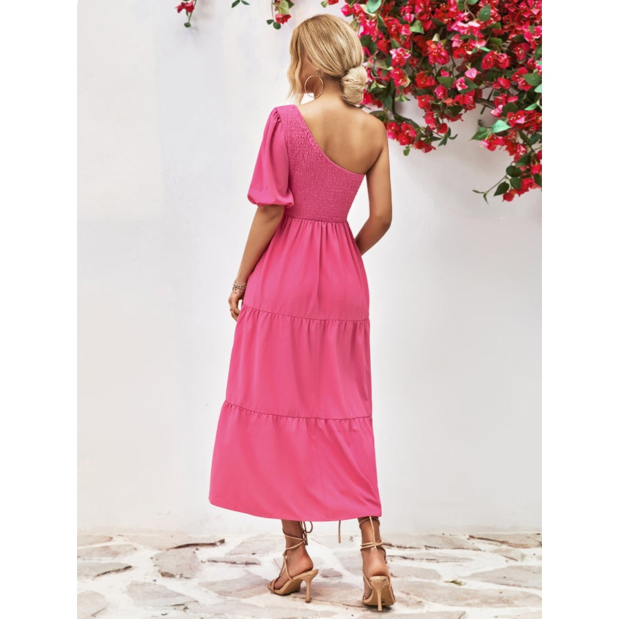 Smocked One-Shoulder Midi Dress Hot Pink / S