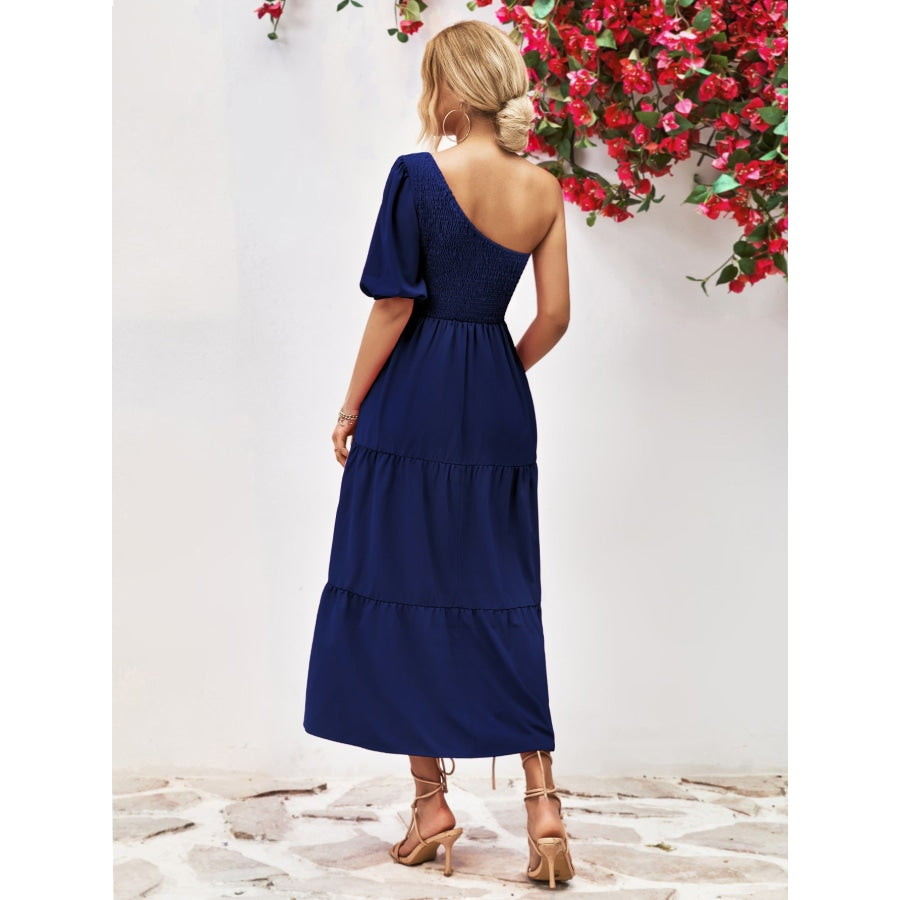 Smocked One-Shoulder Midi Dress