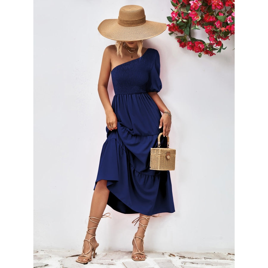 Smocked One-Shoulder Midi Dress