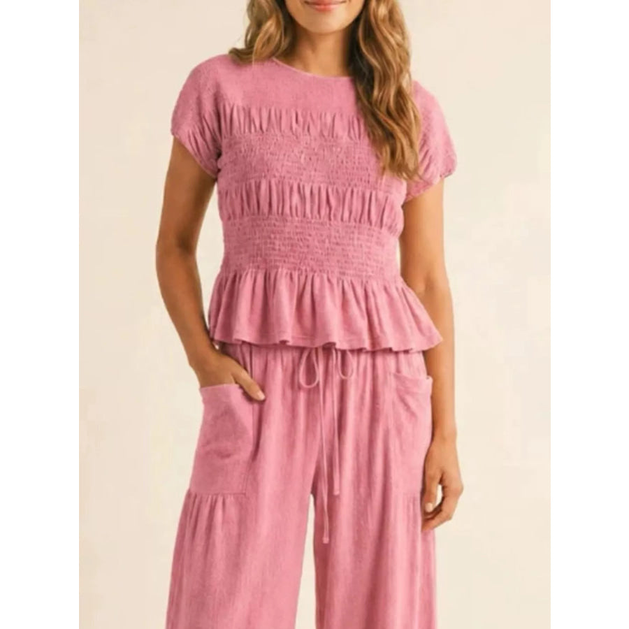 Smocked Peplum Top and Wide-Leg Pants Set Apparel and Accessories